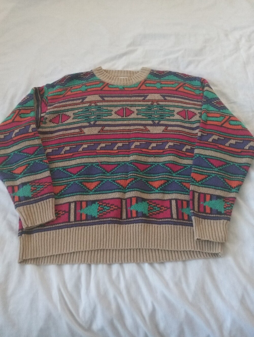 GENERRA Beige Crewneck Sweater with Multicolor Geometric Pattern